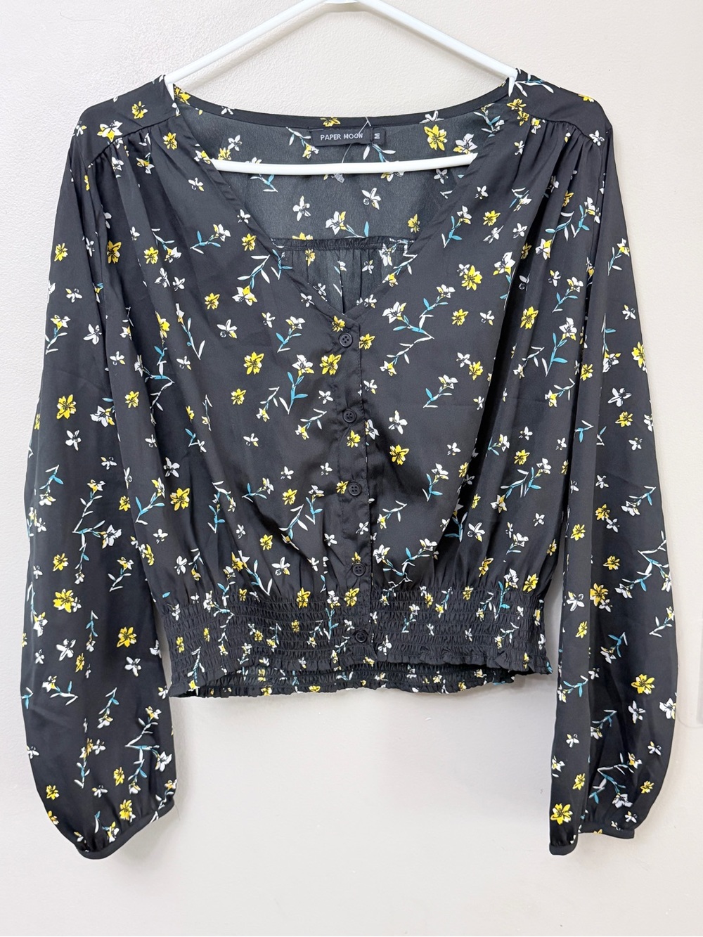 Paper Moon Floral Smoked Waist Blouse Long Sleeve V-Neck Top M